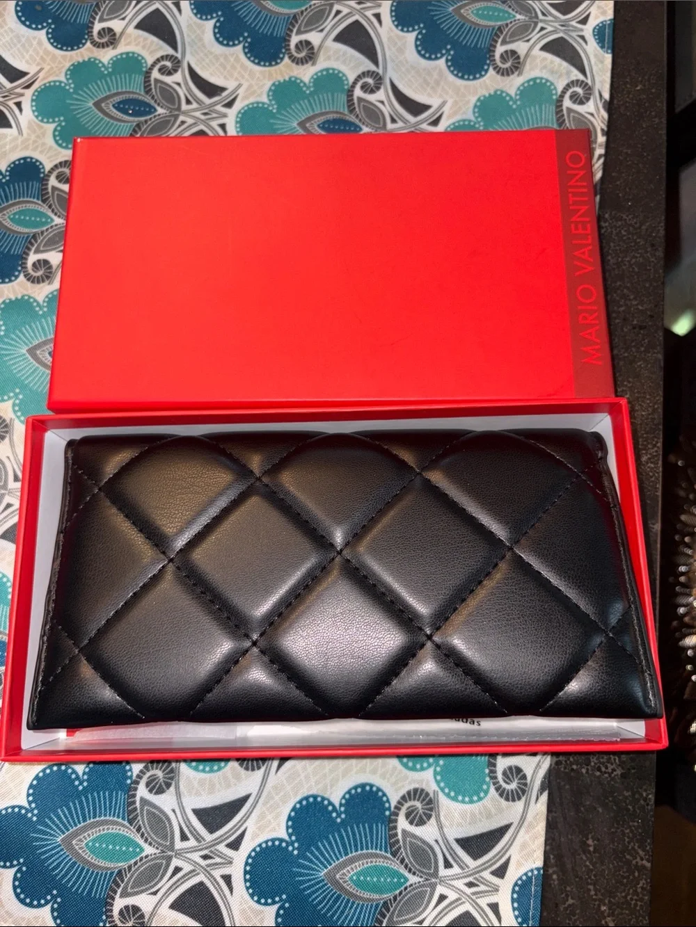 Valentino Black Quilted Leather Card Holder Wallet with Embossed Logo